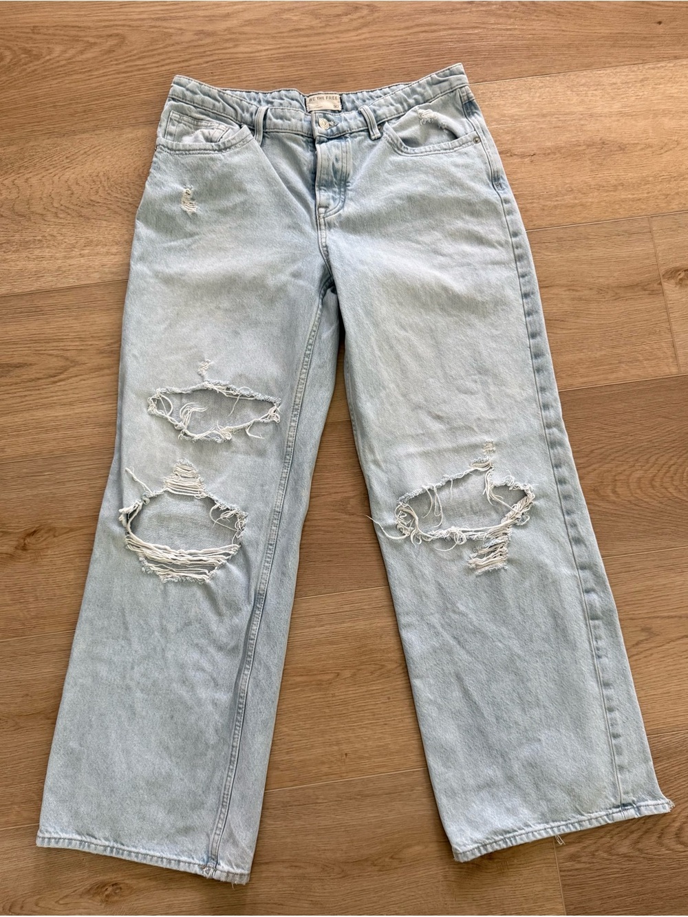 Free People We The Free Distressed Wide Leg Jeans Size 32 Light Wash